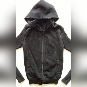 Black Hooded Jacket with Ribbed Sleeves